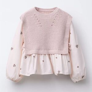 Zara Kids Combination Pink Knit Vest with Floral Blouse, 2T